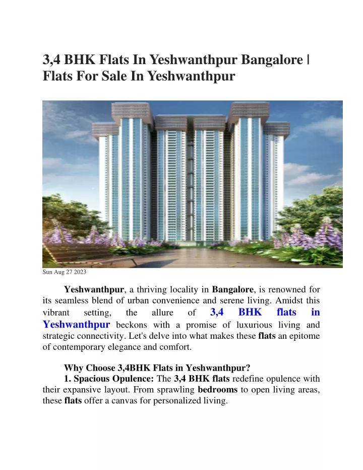 3 4 bhk flats in yeshwanthpur bangalore flats