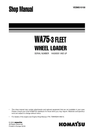 Komatsu WA75-3 FLEET Wheel Loader Service Repair Manual (SN HA300051 and up)