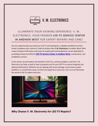 Illuminate Your Viewing Experience V. M. Electronics, Your Premier LED TV Service Center in Andheri West for Expert Repa