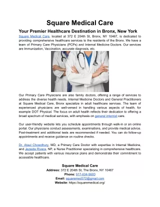 Square Medical Care : Your Premier Healthcare Destination in Bronx, New York