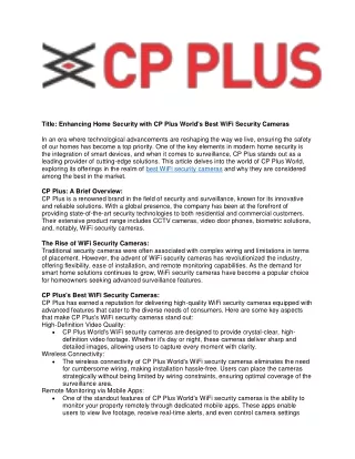 Enhancing Home Security with CP Plus World's Best WiFi Security Cameras