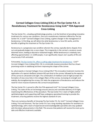 Corneal Collagen Cross-Linking (CXL) at The Eye Center P.A. - A Revolutionary Treatment for Keratoconus Using iLink™ FDA
