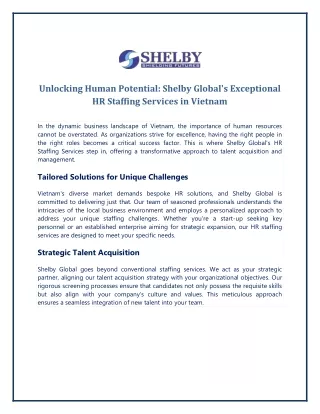 Unlocking Human Potential Shelby Globals Exceptional HR Staffing Services in Vietnam