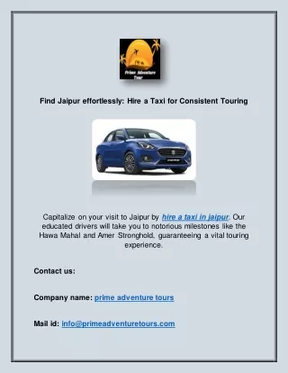 Find Jaipur effortlessly Hire a Taxi for Consistent Touring