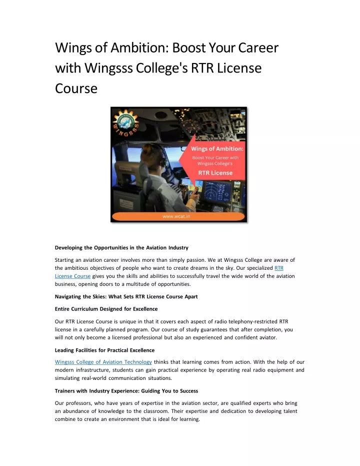 wings of ambition boost your career with wingsss college s rtr license course