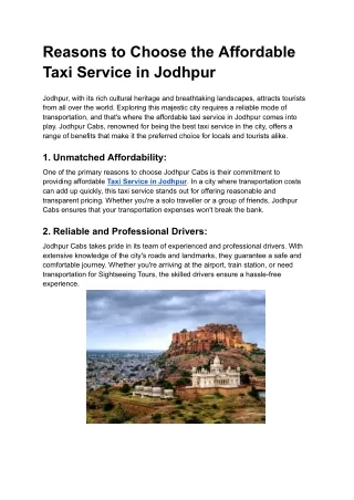 Reasons to Choose the Affordable Taxi Service in Jodhpur