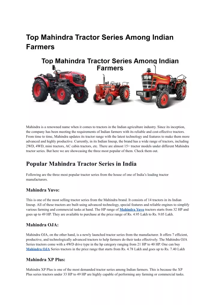 top mahindra tractor series among indian farmers