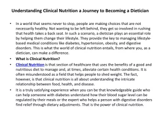 Understanding Clinical Nutrition a Journey to Becoming a Dietician