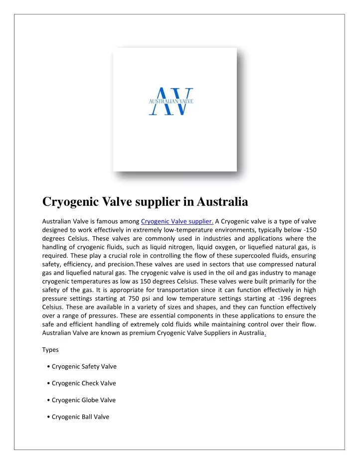 cryogenic valve supplier in australia
