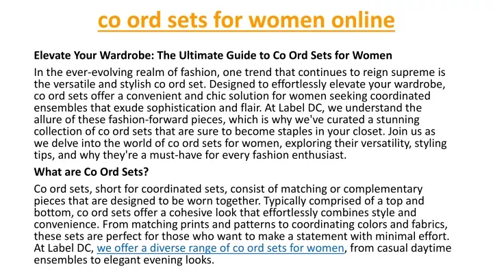 co ord sets for women online