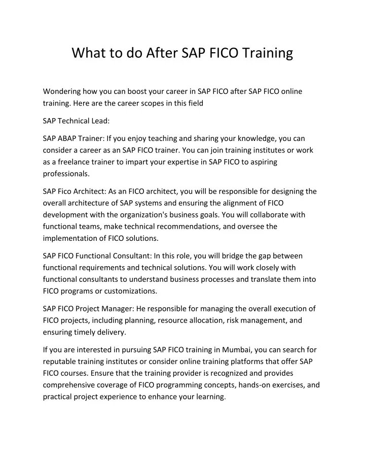 what to do after sap fico training