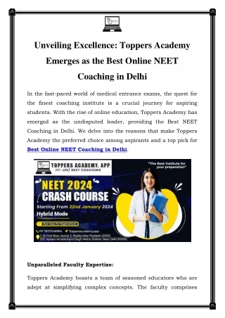 Best Online NEET Coaching in Delhi|Call-07827048964 |Toppers Academy