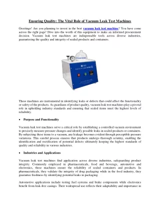 Ensuring Quality: The Vital Role of Vacuum Leak Test Machines