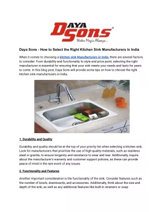 Daya Sons - How to Select the Right Kitchen Sink Manufacturers in India