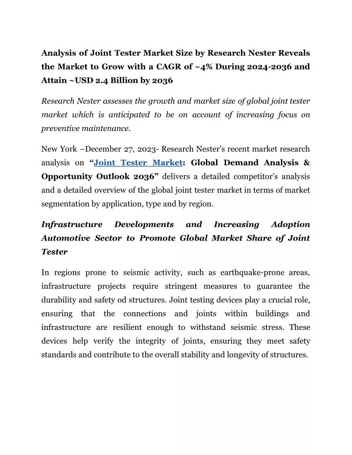 analysis of joint tester market size by research