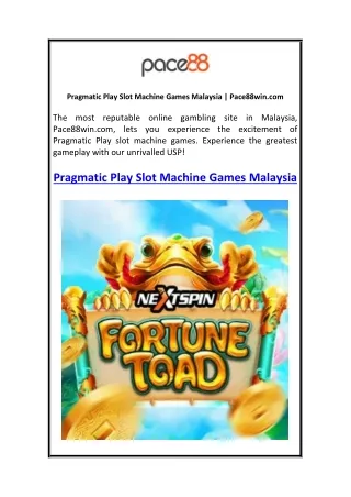 Pragmatic Play Slot Machine Games Malaysia Pace88win.com