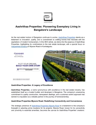 Aashrithaa Properties: Pioneering Exemplary Living in Bangalore's Landscape