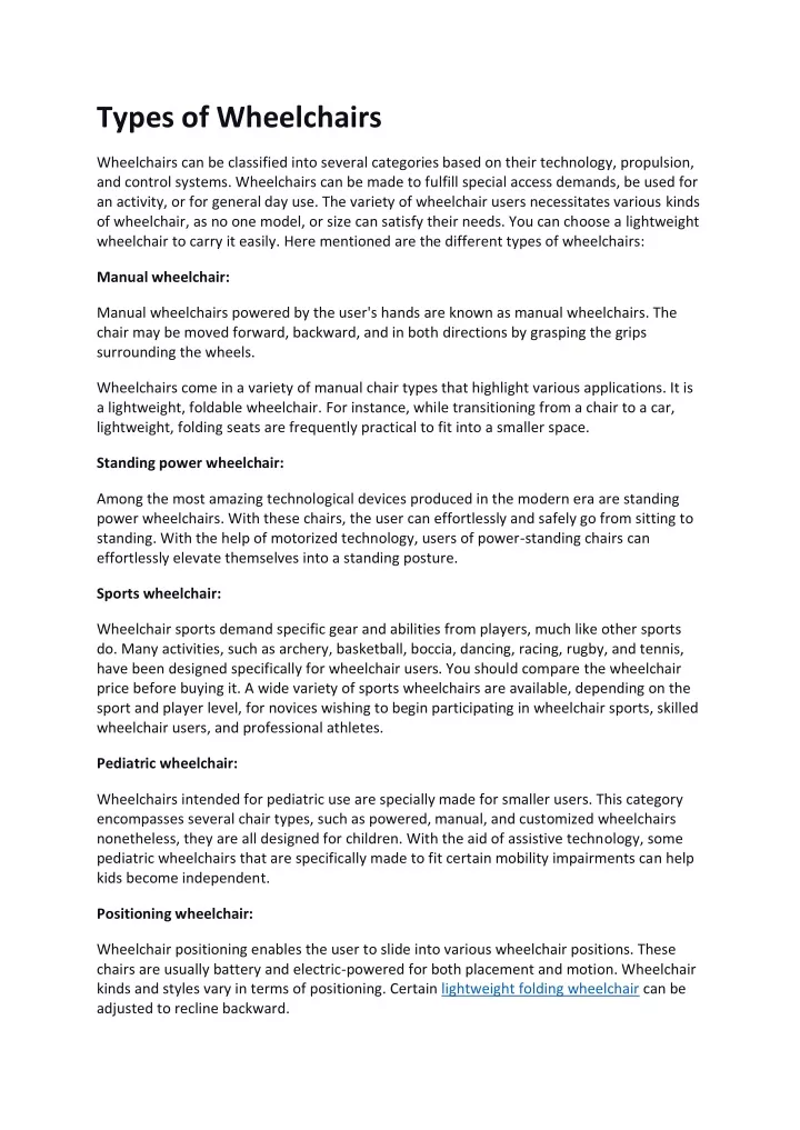 types of wheelchairs
