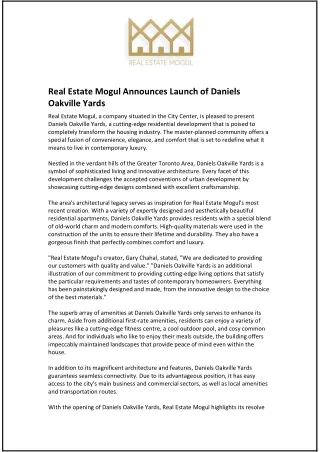 Real Estate Mogul Announces Launch of Daniels Oakville Yards