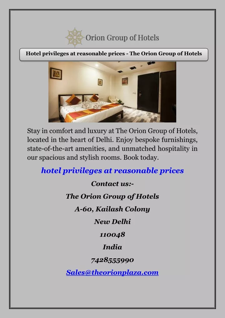 hotel privileges at reasonable prices the orion
