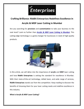 Crafting Brilliance Riddhi Enterprises Redefines Excellence in Acrylic & MDF Laser Cutting in Mumbai