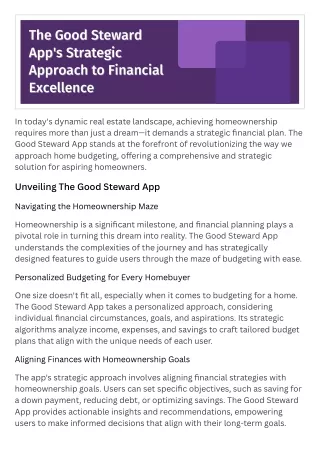 The Good Steward App's Strategic Approach to Financial Excellence
