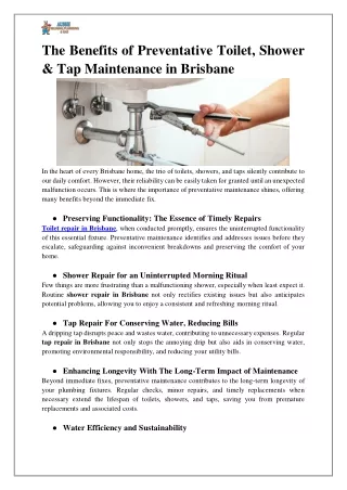 The Benefits of Preventative Toilet, Shower & Tap Maintenance in Brisbane