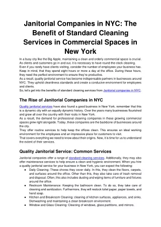 Janitorial Companies in NYC The Benefit of Standard Cleaning Services in Commercial Spaces in New York