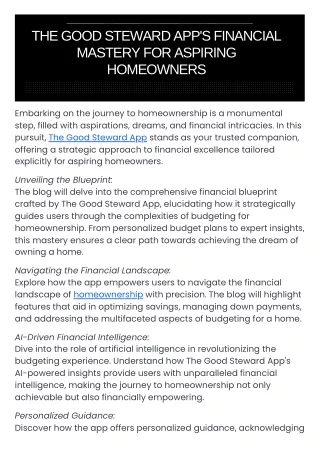 The Good Steward App's Financial Mastery for Aspiring Homeowners