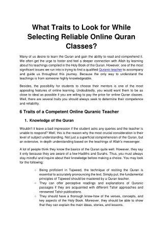 What Traits to Look for While Selecting Reliable Online Quran Classes