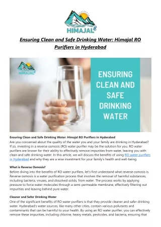 Ensuring Clean and Safe Drinking Water Himajal RO Purifiers in Hyderabad