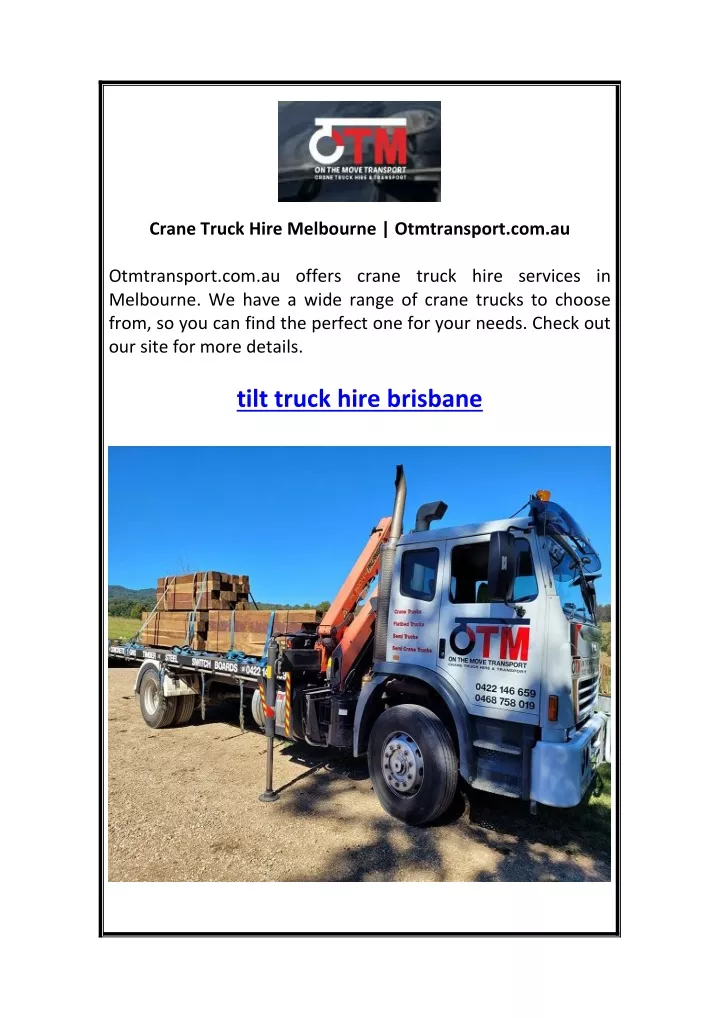 crane truck hire melbourne otmtransport com au