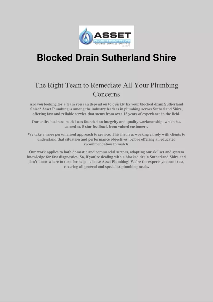 blocked drain sutherland shire the right team