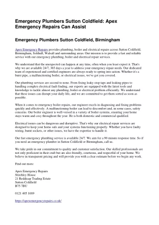 Emergency Plumbers Sutton Coldfield Apex Emergency Repairs Can Assist