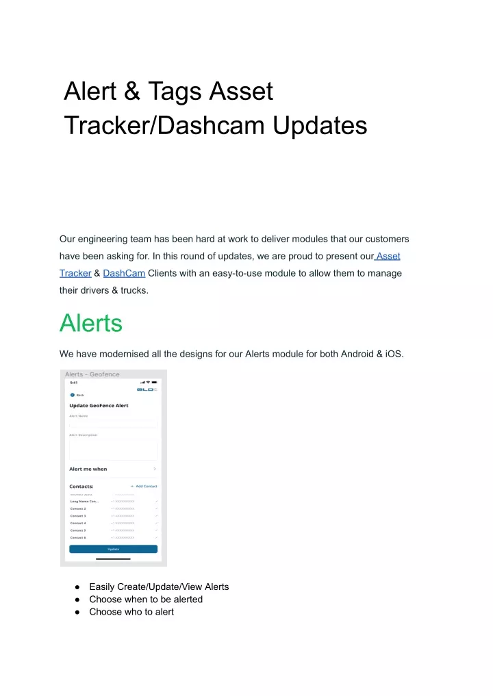 alert tags asset tracker dashcam updates