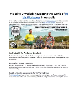 Jan. 30, Visibility Unveiled by Navigating the World of Hi Vis Workwear in Australia