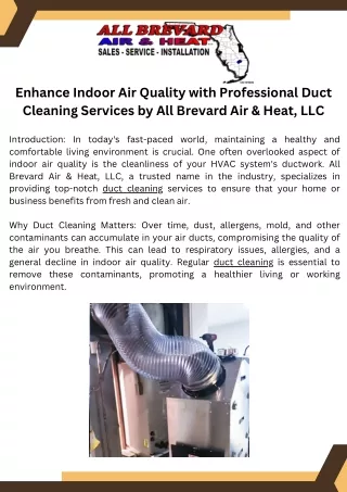 Enhance Indoor Air Quality with Professional Duct Cleaning Services by All Brevard Air & Heat, LLC