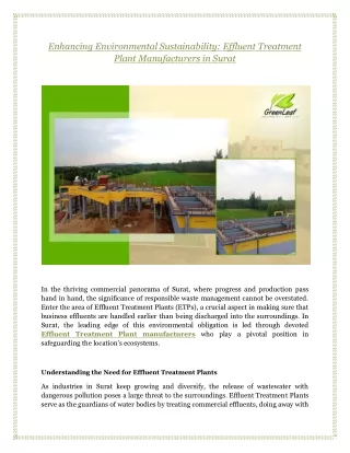 Enhancing Environmental Sustainability: Effluent Treatment Plant Manufacturers