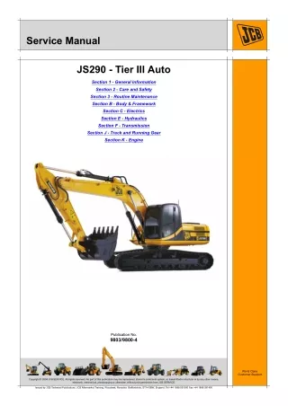 JCB JS290 - Tier III Auto Tracked Excavator Service Repair Manual SN 01421200 to 01421599