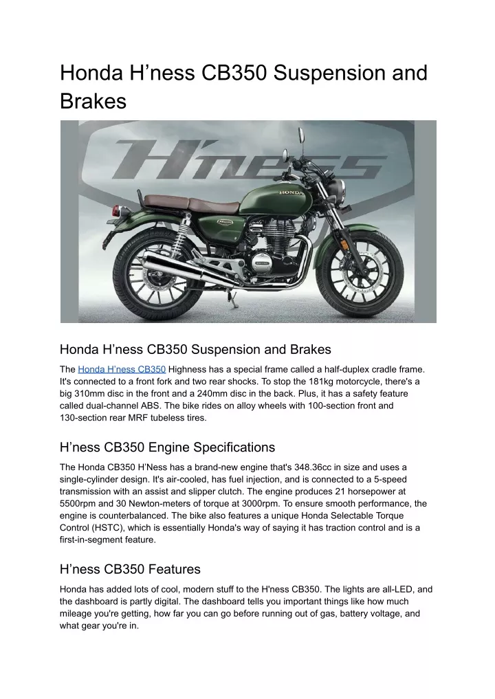 honda h ness cb350 suspension and brakes