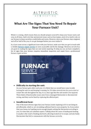 What Are The Signs That You Need To Repair Your Furnace Unit?