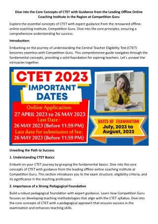 CTET with Guidance from the Leading Offline Online Coaching Institute in the Region at Competition Guru
