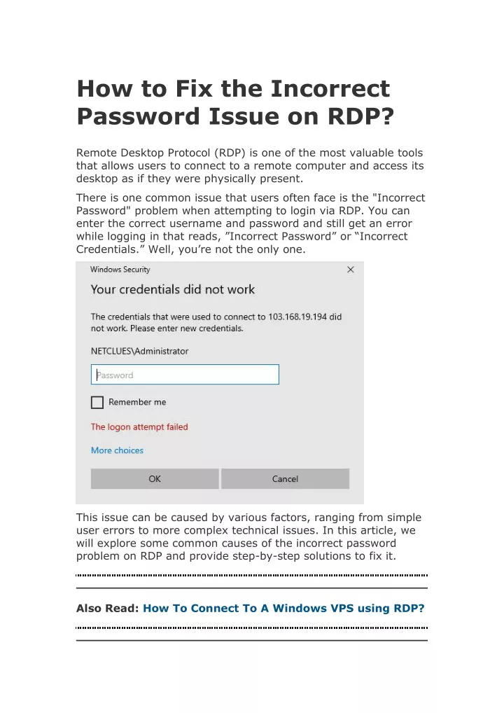 how to fix the incorrect password issue on rdp