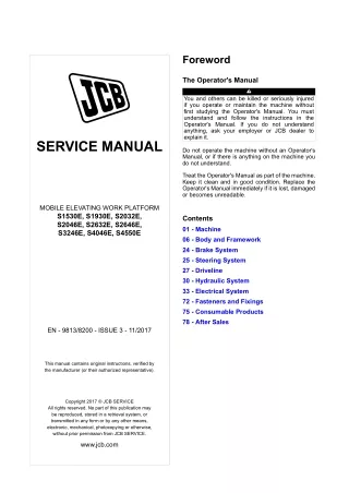 JCB S2032E MOBILE ELEVATING WORK PLATFORM Service Repair Manual SN 2532501 and up