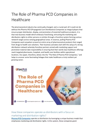 The Role of Pharma PCD Companies in Healthcare