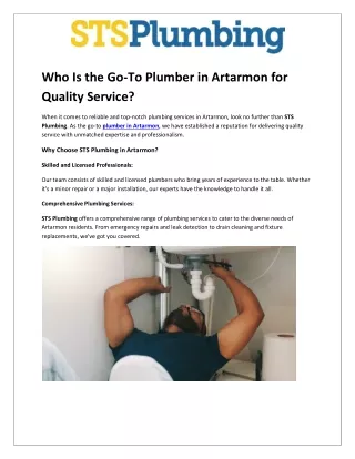 Who Is the Go-To Plumber in Artarmon for Quality Service