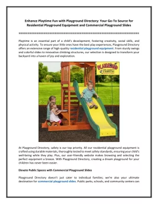 Enhance Playtime Fun with Playground Directory Your Go-To Source for Residential Playground Equipment and Commercial Pla