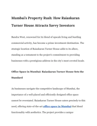 Mumbai’s Property Rush: How Raiaskaran Turner House Attracts Savvy Investors