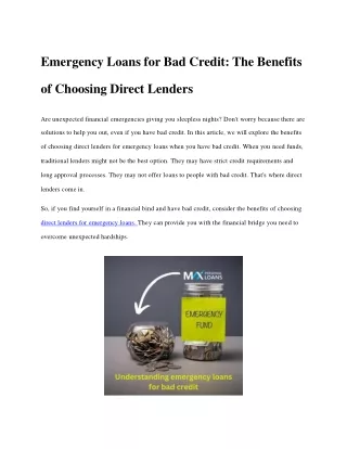 Emergency Loans for Bad Credit -The Benefits of Choosing Direct Lenders