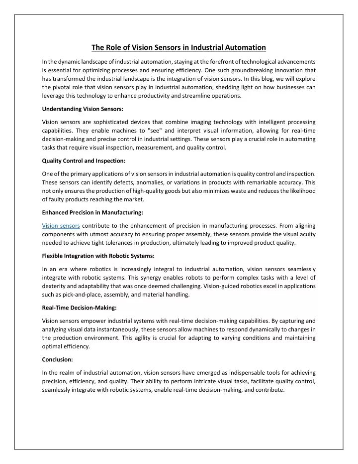 the role of vision sensors in industrial